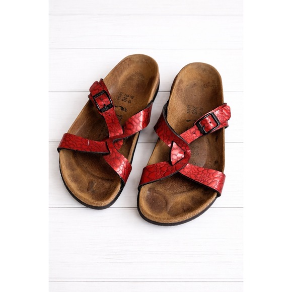 Birkenstock Shoes - Birkenstock Red Snakeskin Embossed Leather Sandals Buckle Strappy 6